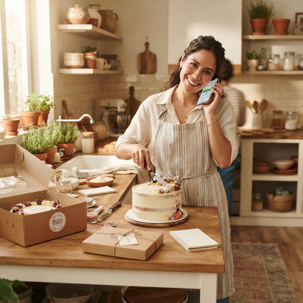 Emprendedora organizando sus encargos de repostería desde casa